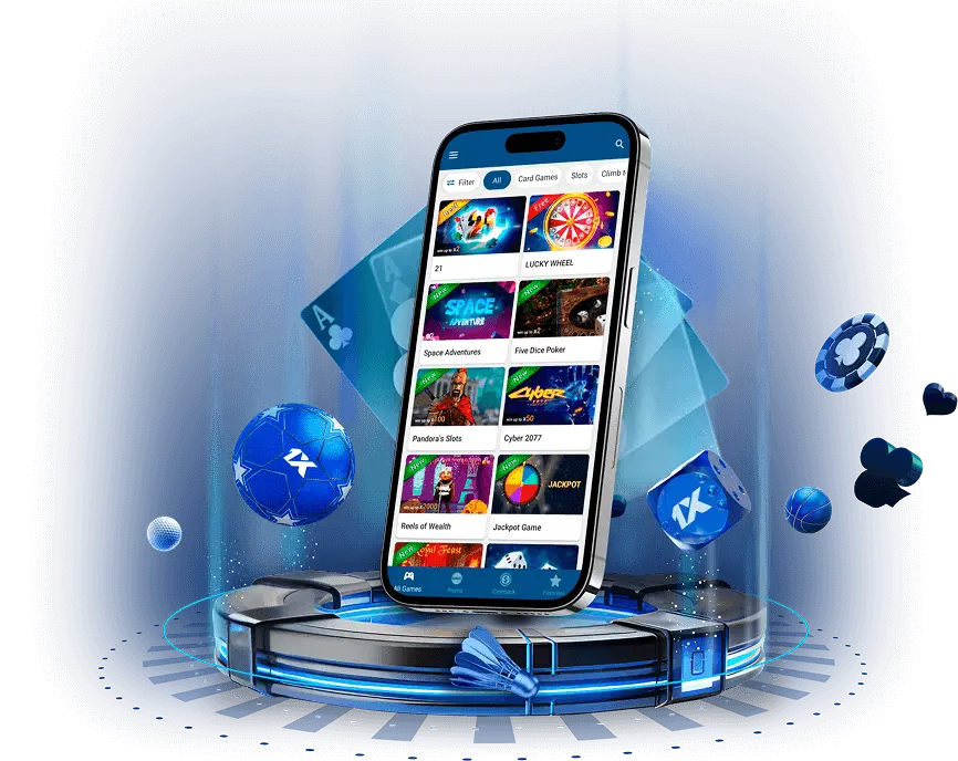 1xBet casino games lobby on a phone with cards, chips and dice