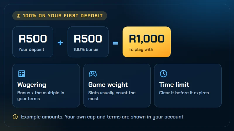 Welcome bonus card showing a 100% match on the first deposit at 1xBet